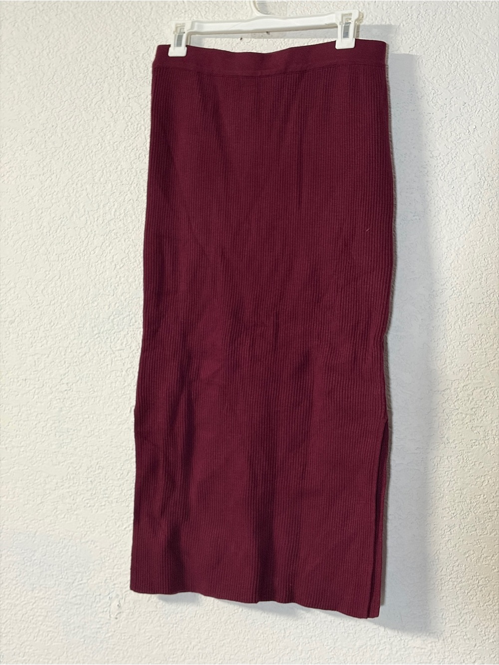 Ribbed Knit Midi Skirt in Burgundy Wine subtle elastic waistband & side slit